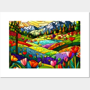Stained Glass Colorful Mountain Flowers Posters and Art